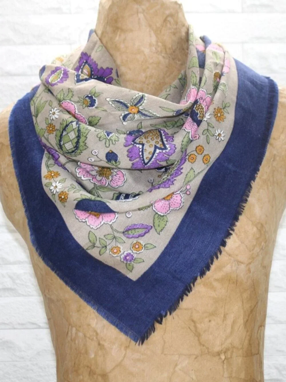 VINTAGE Scarf Square Floral Headscarf Colorful Woven Blue Purple Green Pink